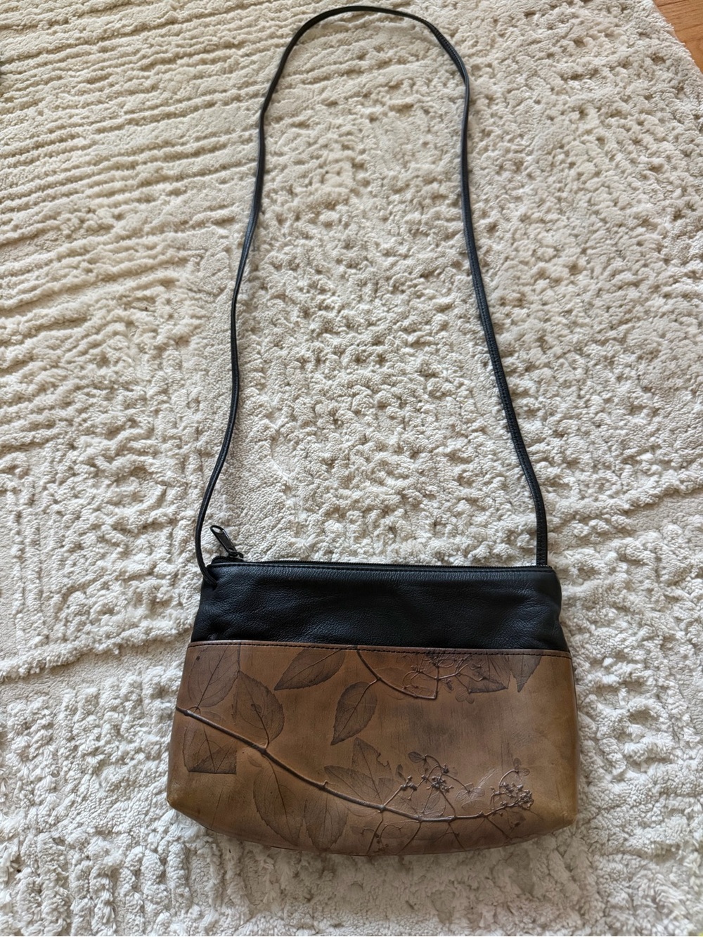 Leather Two-Tone Floral Embossed Crossbody Bag - Black & Brown
